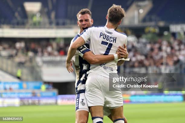 Marvin Senger and Kolja Pusch of Duisburg celebrate the first goal during the 3. Liga match between MSV Duisburg and SSV Ulm 1846 at...