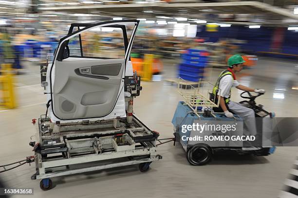 Indonesia-EU-auto-economy,FOCUS by Olivia Rondonuwu This photo taken on December 3, 2012 shows an Indonesian worker shuttling car door panels to an...