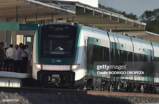 Mexican President Andres Manuel Lopez Obrador waits to board the new Mayan Train before its first ride in Campeche, State of Campeche, Mexico, on...