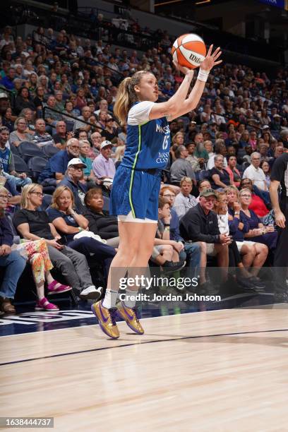 Rachel Banham of the Minnesota Lynx shoots a three point basket during the game on September 1, 2023 at Target Center in Minneapolis, Minnesota. NOTE...