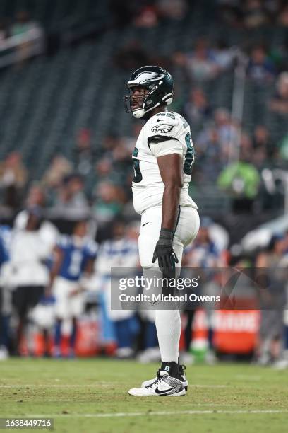 Roderick Johnson of the Philadelphia Eagless looks on during an NFL preseason game at Lincoln Financial Field on August 24, 2023 in Philadelphia,...