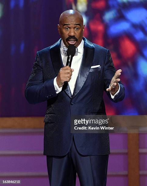 Host Steve Harvey performs onstage during the BET Celebration of Gospel 2013 at Orpheum Theatre on March 16, 2013 in Los Angeles, California.