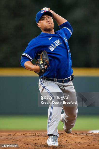 Hyun Jin Ryu of the Toronto Blue Jays pitches against the Colorado Rockies in the first inning at Coors Field on September 1, 2023 in Denver,...