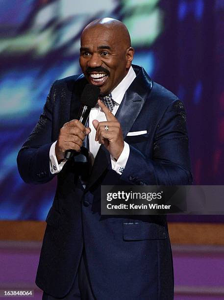 Host Steve Harvey speaks onstage during the BET Celebration of Gospel 2013 at Orpheum Theatre on March 16, 2013 in Los Angeles, California.