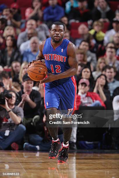 Will Bynum of the Detroit Pistons runs up court during the game between the Detroit Pistons and the Portland Trail Blazers on March 16, 2013 at the...