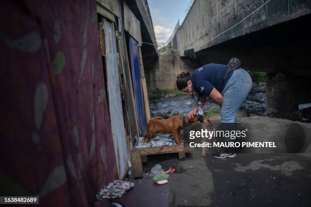 Physician Yasmine Nascimento pets dogs of one of her patients inside a homeless encampment in the suburbs of Rio de Janeiro, Brazil on July 31, 2023....
