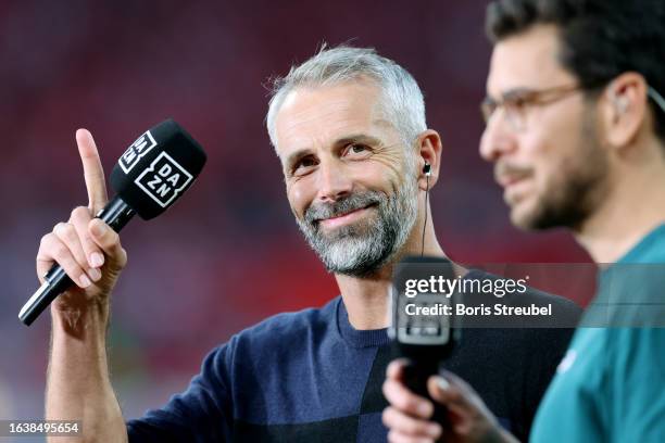 Marco Rose, Head Coach of RB Leipzig, is interviewed prior to the Bundesliga match between RB Leipzig and VfB Stuttgart at Red Bull Arena on August...