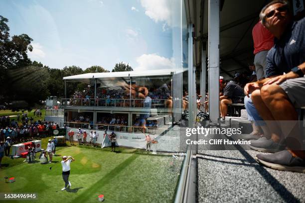 Scottie Scheffler of the United States plays his shot from the first tee during the second round of the TOUR Championship at East Lake Golf Club on...