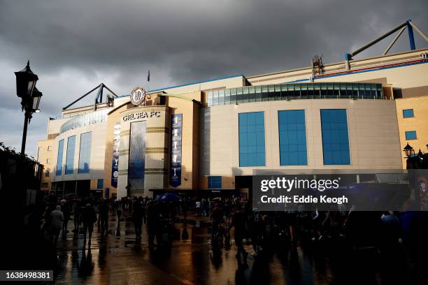 General view outside the stadium as fans arrive prior to the Premier League match between Chelsea FC and Luton Town at Stamford Bridge on August 25,...