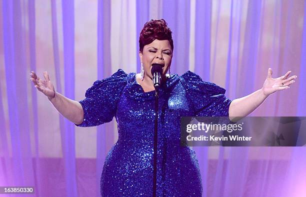 Singer/actress Tamela Mann performs onstage during the BET Celebration of Gospel 2013 at Orpheum Theatre on March 16, 2013 in Los Angeles, California.