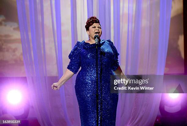 Singer/actress Tamela Mann performs onstage during the BET Celebration of Gospel 2013 at Orpheum Theatre on March 16, 2013 in Los Angeles, California.
