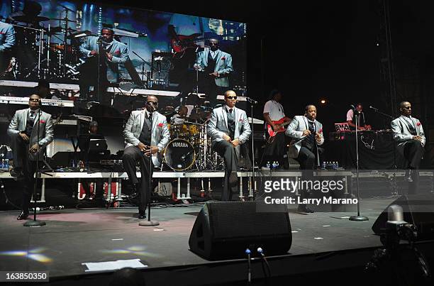 New Edition featuring Johnny Gill performs at the 8th Annual Jazz In The Gardens Day 1 at Sun Life Stadium presented by the City of Miami Gardens on...
