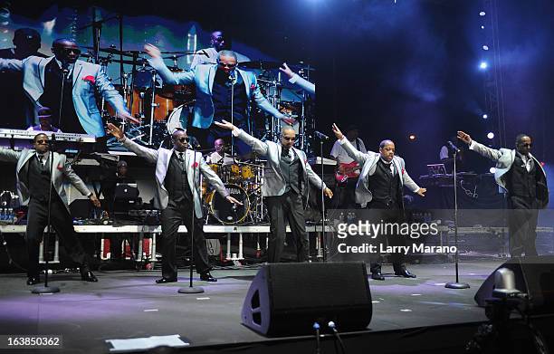 New Edition featuring Johnny Gill performs at the 8th Annual Jazz In The Gardens Day 1 at Sun Life Stadium presented by the City of Miami Gardens on...