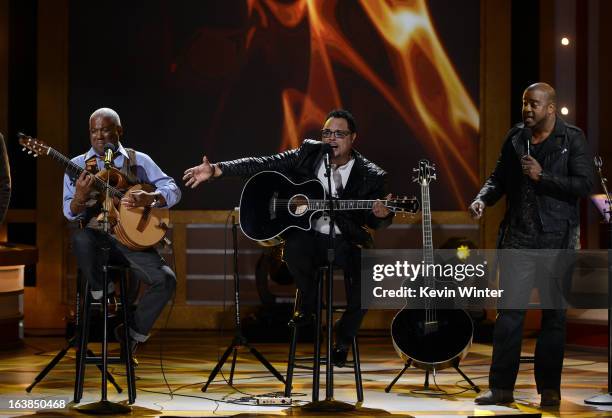 Musicians Jonathan Butler, Israel Houghton and Jason Nelson perform onstage during the BET Celebration of Gospel 2013 at Orpheum Theatre on March 16,...