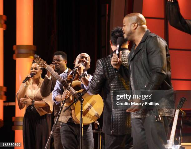 Singers Israel Houghton and New Breed perform alongside Jason Nelson onstage during the BET Celebration of Gospel 2013 at Orpheum Theatre on March...