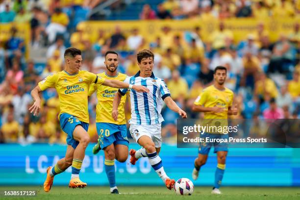 Le Normand of Real Sociedad and Mika Marmol of UD Las Palmas in action during the Spanish league, La Liga EA Sports, football match played between UD...