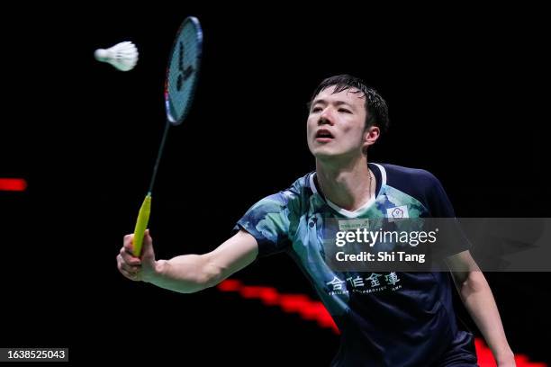 Wang Tzu Wei of Chinese Taipei competes in the Men's Singles Quarter Finals match against Kunlavut Vitidsarn of Thailand on day five of the BWF World...