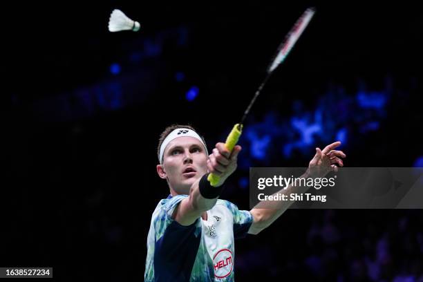 Viktor Axelsen of Denmark competes in the Men's Singles Quarter Finals match against Prannoy H. S. Of India on day five of the BWF World...