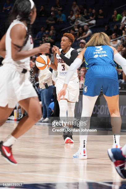 Danielle Robinson of the Atlanta Dream handles the ball during the game on September 1, 2023 at Target Center in Minneapolis, Minnesota. NOTE TO...