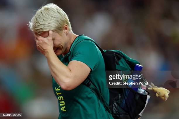 Kathryn Mitchell of Team Australia leaves the track before starting the Women's Javelin Throw Final during day seven of the World Athletics...
