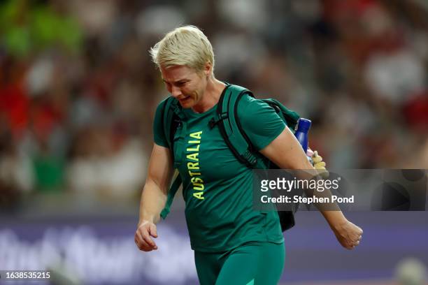 Kathryn Mitchell of Team Australia leaves the track before starting the Women's Javelin Throw Final during day seven of the World Athletics...