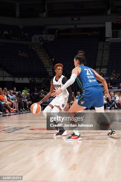 Danielle Robinson of the Atlanta Dream handles the ball during the game on September 1, 2023 at Target Center in Minneapolis, Minnesota. NOTE TO...