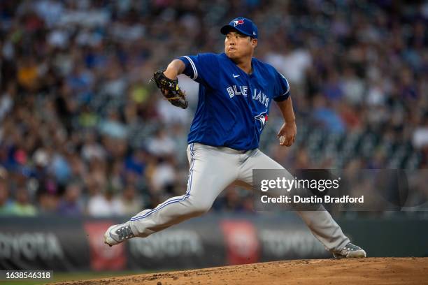 Hyun Jin Ryu of the Toronto Blue Jays pitches against the Colorado Rockies in the third inning at Coors Field on September 1, 2023 in Denver,...
