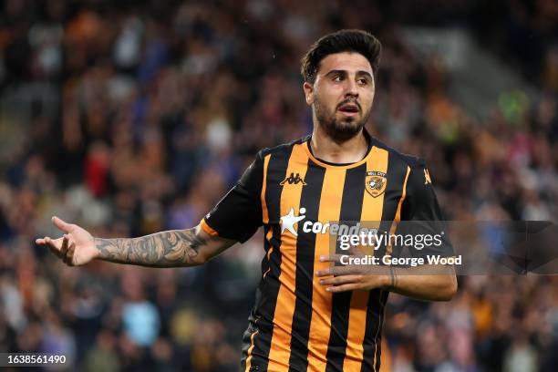 Ozan Tufan of Hull City celebrates after scoring the team's first goa during the Sky Bet Championship match between Hull City and Bristol City at MKM...