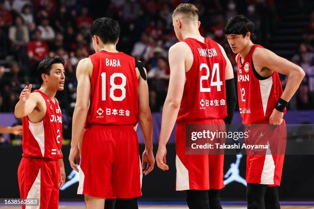 Yuki Togashi of Japan talks with the team during the FIBA World Cup Group E game between Germany and Japan at Okinawa Arena on August 25, 2023 in...