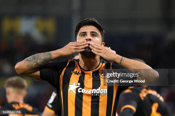Ozan Tufan of Hull City celebrates after scoring the team's first goa during the Sky Bet Championship match between Hull City and Bristol City at MKM...