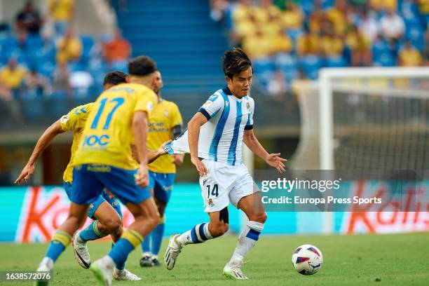 Takefusa Kubo of Real Sociedad in action during the La Liga EA Sports match between UD Las Palmas and Real Sociedad at Gran Canaria Stadium on August...