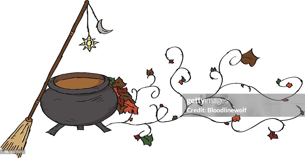 A drawing of a cauldron with a broom resting against it.