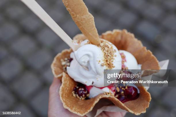 yogurt ice cream on waffle cup. - whip cream dollop stock pictures, royalty-free photos & images
