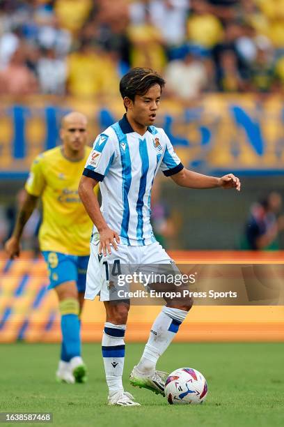 Takefusa Kubo of Real Sociedad in action during the La Liga EA Sports match between UD Las Palmas and Real Sociedad at Gran Canaria Stadium on August...