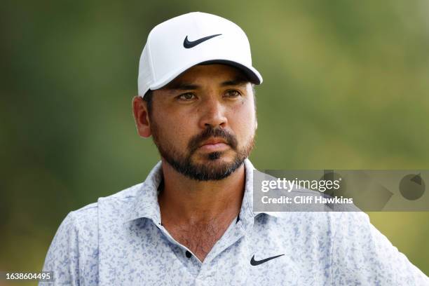 Jason Day of Australia looks on from the practice green during the second round of the TOUR Championship at East Lake Golf Club on August 25, 2023 in...