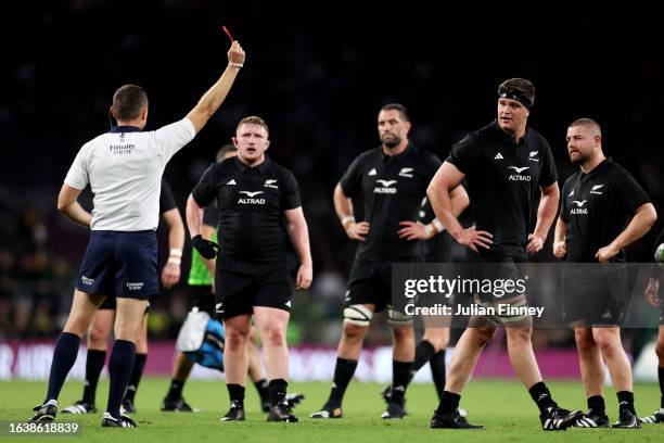 Scott Barrett of New Zealand is sent off by Referee Matthew Carley after a receiving a second yellow card during the Summer International match...