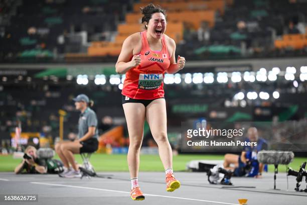 Haruka Kitaguchi of Team Japan celebrates winning the Women's Javelin Throw Final during day seven of the World Athletics Championships Budapest 2023...