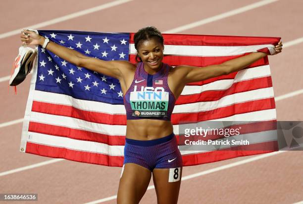 Silver medalist Gabrielle Thomas of Team United States celebrates after the Women's 200m Final during day seven of the World Athletics Championships...