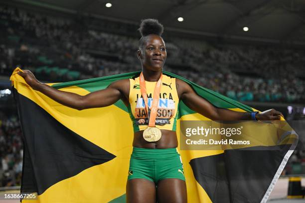 Shericka Jackson of Team Jamaica celebrates winning the Women's 200m Final during day seven of the World Athletics Championships Budapest 2023 at...