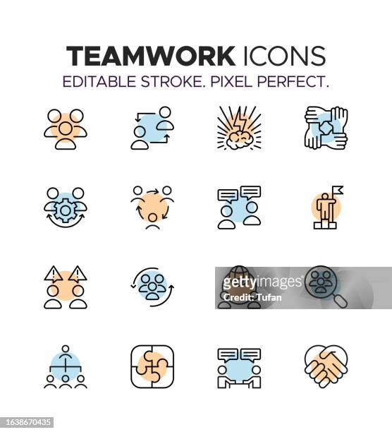 collaborative teamwork icon set - partnership, cooperation, communication, leadership - business relationship stock illustrations