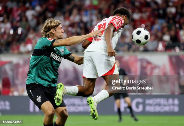 Lois Openda of RB Leipzig scores the team's third goal during the Bundesliga match between RB Leipzig and VfB Stuttgart at Red Bull Arena on August...