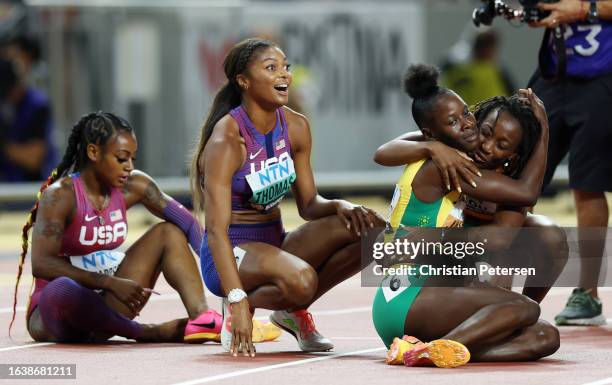 Sha'Carri Richardson of Team United States, Gabrielle Thomas of Team United States, Shericka Jackson of Team Jamaica and Marie-Josee Ta Lou of Team...