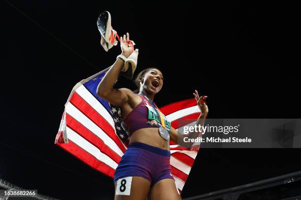 Silver medalist Gabrielle Thomas of Team United States celebrates after the Women's 200m Final during day seven of the World Athletics Championships...