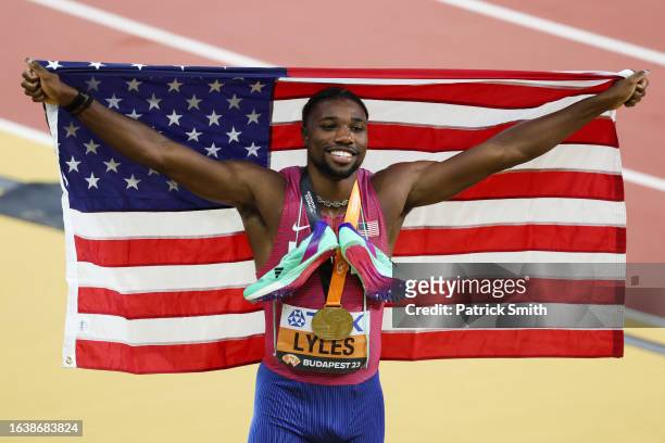 Noah Lyles of Team United States celebrates winning the Men's 200m Final during day seven of the World Athletics Championships Budapest 2023 at...