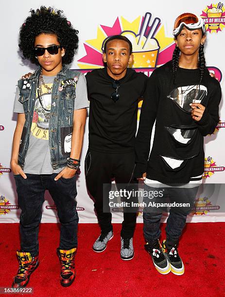 Recording artists Princeton, Prodigy, and Ray Ray of the music group Mindless Behavior attend the launch of their milkshake at Millions Of Milkshakes...