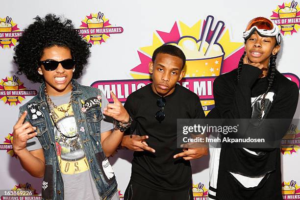Recording artists Princeton, Prodigy, and Ray Ray of the music group Mindless Behavior attend the launch of their milkshake at Millions Of Milkshakes...