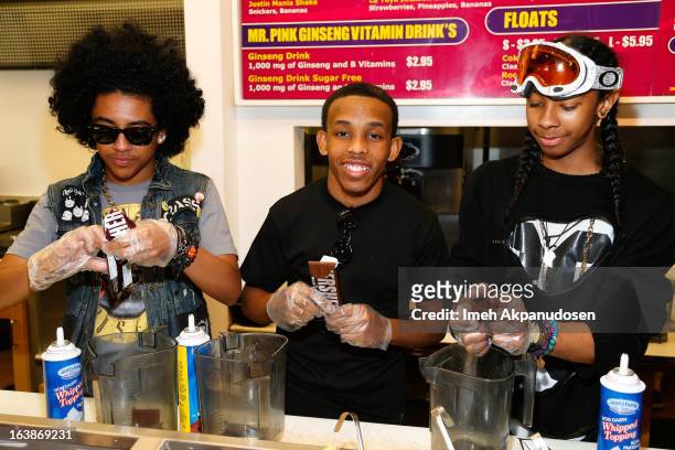 Recording artists Princeton, Prodigy, and Ray Ray of the music group Mindless Behavior prepare milkshakes at Millions Of Milkshakes on March 16, 2013...