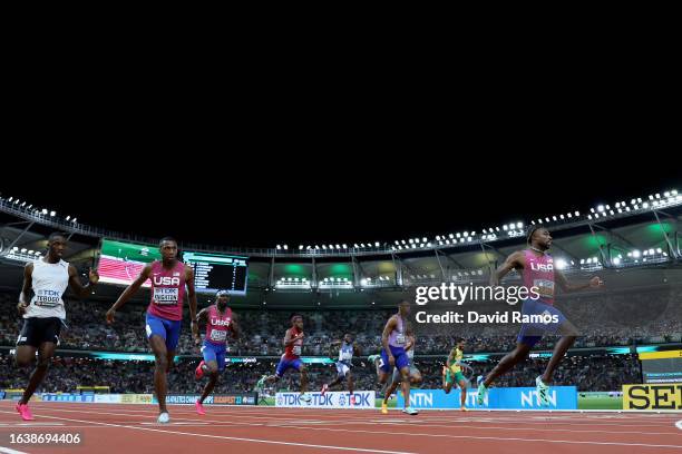 Noah Lyles of Team United States wins the Men's 200m Final during day seven of the World Athletics Championships Budapest 2023 at National Athletics...