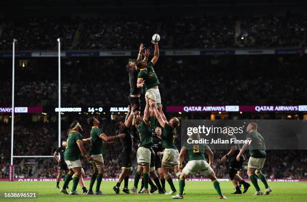 Scott Barrett of New Zealand and Eben Etzebeth of South Africa compete for a line-out during the Summer International match between New Zealand All...