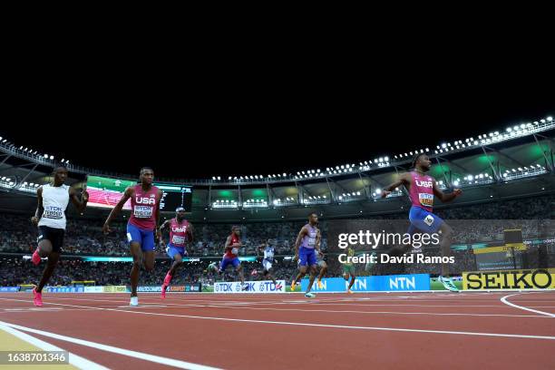 Noah Lyles of Team United States wins the Men's 200m Final during day seven of the World Athletics Championships Budapest 2023 at National Athletics...